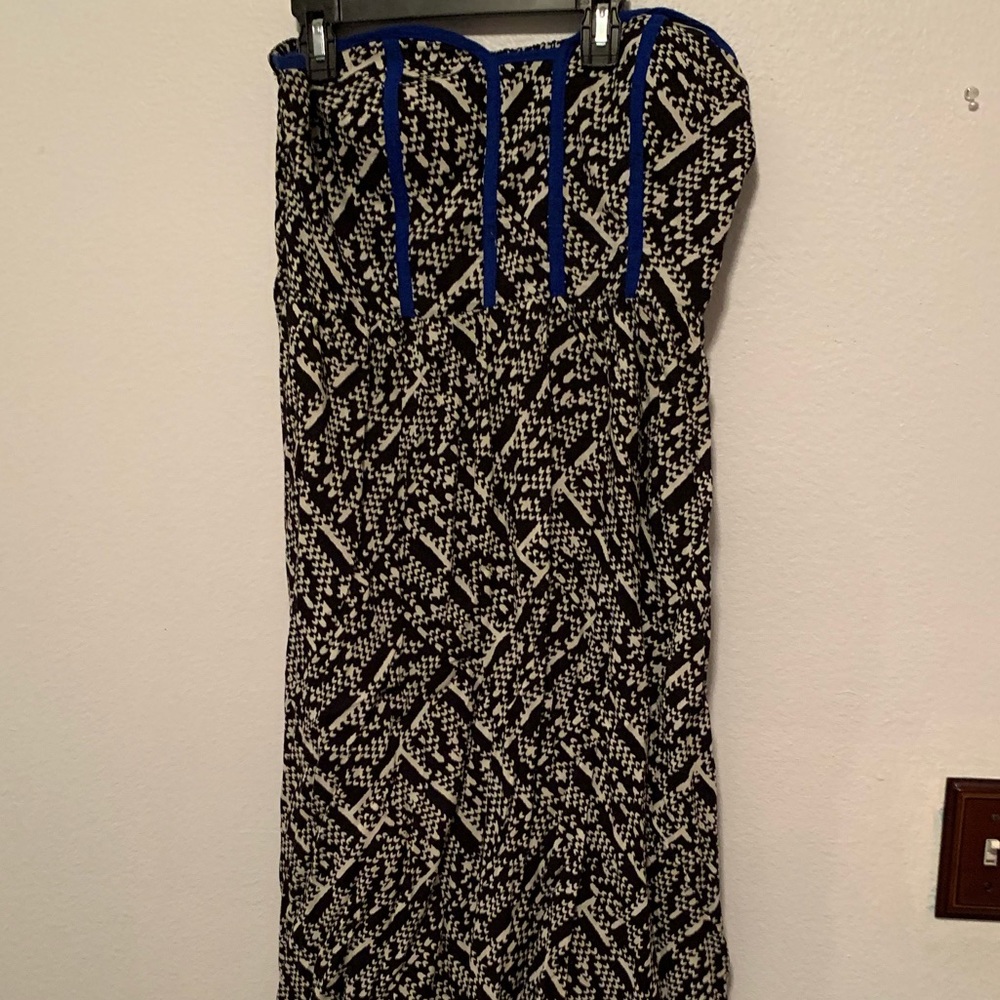 Patterned black, white & royal blue high-low dress